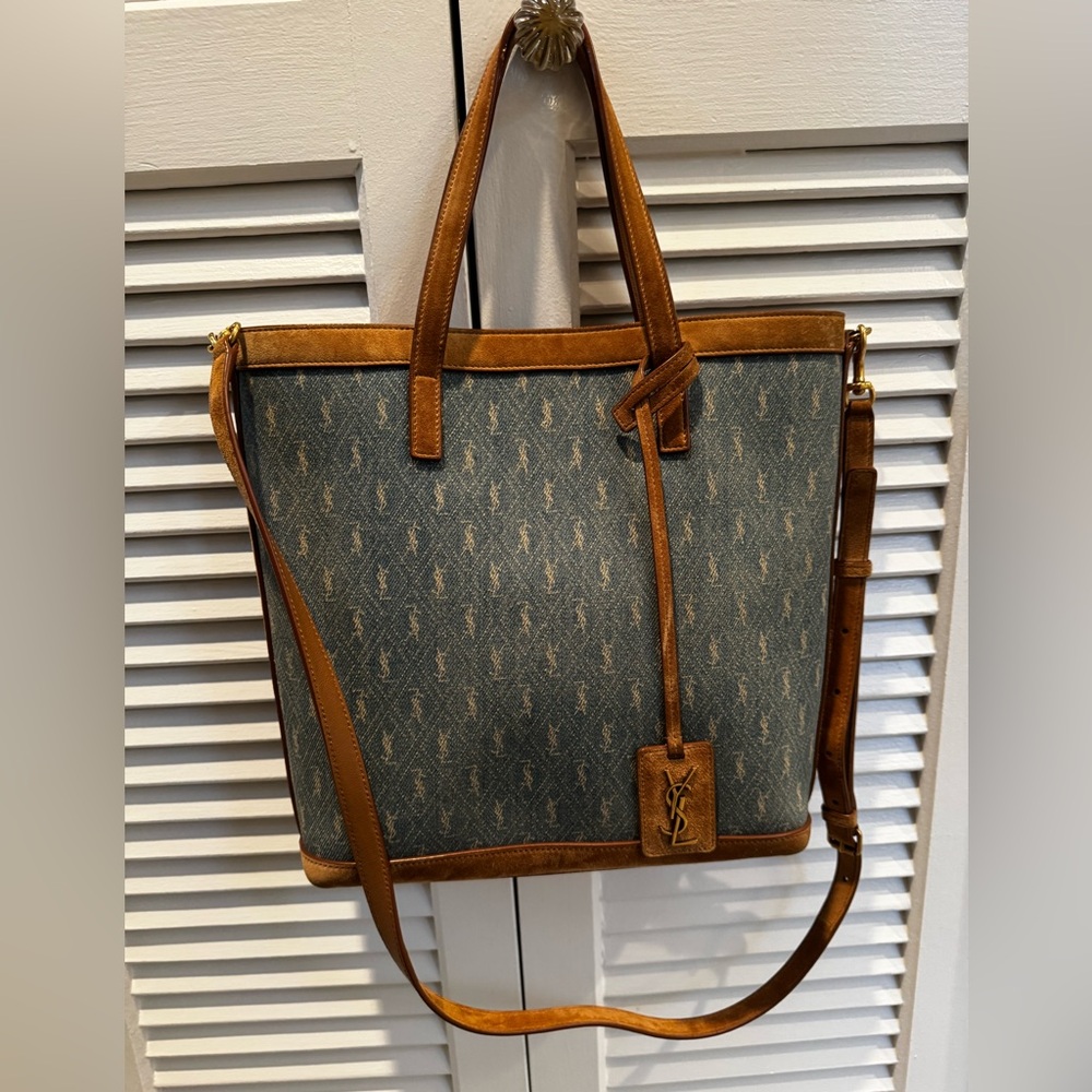 Saint Laurent Blue and Tan Tote with Monogram Design - Picture 6 of 6